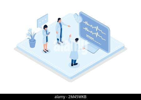 Der Arzt überprüft den Blutdruck und untersucht das Kardiogramm und den Puls auf dem EKG-Monitor, isometrische Vektordarstellung modern Stock Vektor