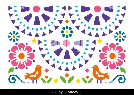 Mexikanische Vektorgrußkarte im Volkskunststil oder Einladungsdesign mit Vögeln, Blumen und Blättern Stock Vektor