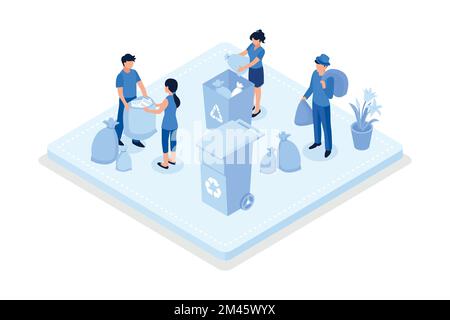 Charaktere, die Abfälle in Mülltonnen sammeln, Umweltpflege- und Freiwilligenkonzept, isometrische Vektordarstellung Stock Vektor