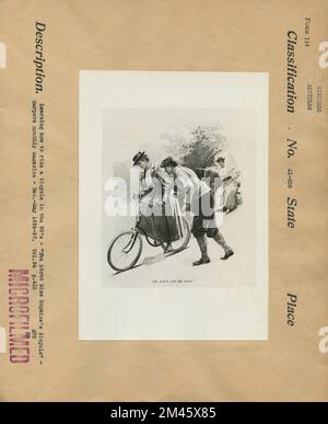 Oh, lassen Sie mich nicht fallen! ORIGINALTITEL: "OH, LASS MICH NICHT FALLEN!" Fahrrad fahren lernen in den 90ern - „The Stout Miss Hopkin's Bicycle“ - Harper's Monthly Magazine - Dez. - 1896.-97. Mai. Vol. 94, S. 415. Stockfoto
