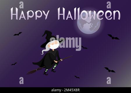 Halloween-Poster. Hexe in Medizinmaske und Fledermäuse. Vektordarstellung. Stock Vektor