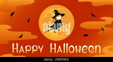 Halloween-Poster. Die Hexe in der medizinischen Maske fliegt auf dem Besen. Cartoon-Style. Vektordarstellung. Stock Vektor