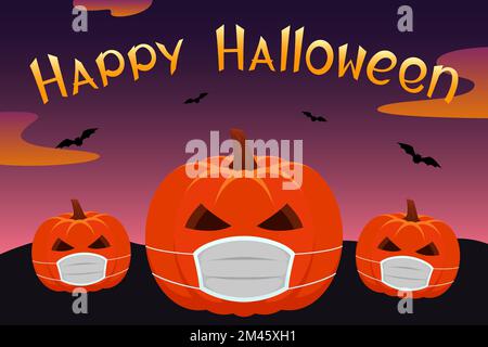 Halloween-Poster. Kürbisse in medizinischen Masken. Vektordarstellung. Stock Vektor