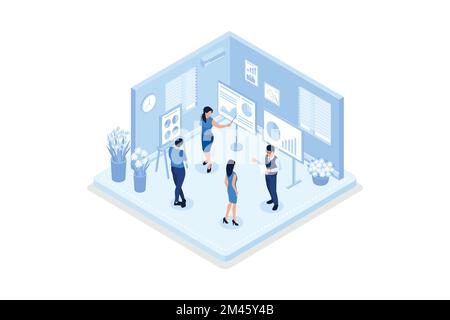 Figuren, die im Heimbüro und im Teamarbeitsbereich arbeiten. Leute, die mit Kollegen sprechen, isometrische Vektordarstellung Stock Vektor