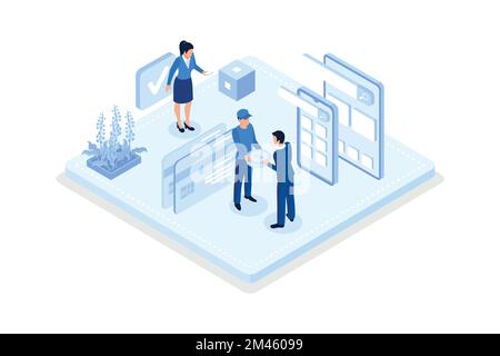 Finanzen, Charaktere, die online zahlen, isometrische Vektoren, moderne Illustration Stock Vektor