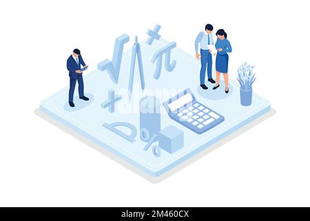 Mathematik-Wissenschaftskonzept. Kleine männliche und weibliche Schülerfiguren in der Labor- oder Schulklasse Mathematik lernen an der riesigen Tafel. Menschen Werden Erzieherisch Stock Vektor