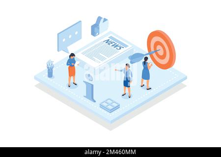 Konzeptionelle Vorlage mit Frau und einem Stapel Zeitungen, Gläsern, Zielscheibe. Szene für Nachrichtenspeicherung, Archivierung, Lesen von Artikeln an einem Ort, isometrische Vect Stock Vektor