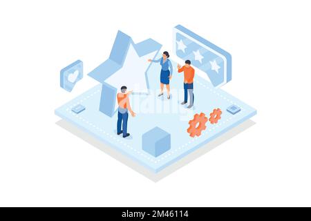 Konzeptionelle Vorlage mit Gruppe von Personen und goldenen Sternen. Szene für Qualitätseinstufung, ausgezeichnete Bewertung, positive Bewertung, Anwenderfeedback, Isometri Stock Vektor