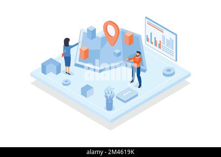 Konzeptionelle Vorlage mit Menschen, die einen Stadtplan mit Gebäuden betrachten. Szene für die Anwendung zum Teilen von Echtzeit-Standort, Straßennavigation, isometrisch Stock Vektor