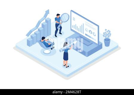 Charaktere analysieren Diagramme, Diagramme, Business Intelligence und Analysekonzept, isometrische Vektoren, moderne Illustration Stock Vektor