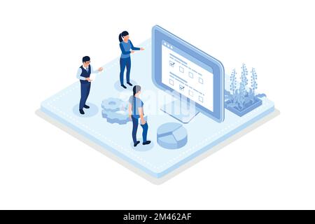 People Charaktere verwalten Daten auf Laptops und Smartphones. Business Intelligence and Analysis-Konzept, isometrische Vektordarstellung Stock Vektor