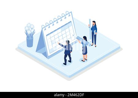 Zeitmanagement und Planungsszenen. Charaktere, die Arbeit und Leben verwalten, tägliche Aufgaben organisieren und den Kalender markieren, isometrisch V Stock Vektor