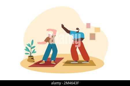 Cartoon glücklicher Senior Mann und Frau, die Yoga, Tai Chi Übungen oder Qigong für einen gesunden, flexiblen Körper. Altersruhe und Hobby. Ältere Personen machen zu Hause gemeinsam körperliche Aktivitäten. Stock Vektor