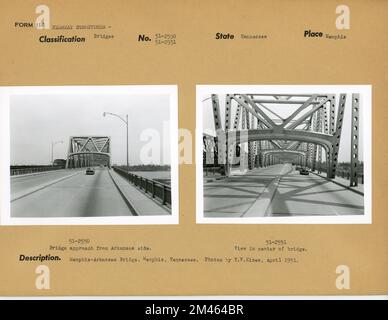 Memphis-Arkansas Bridge, Memphis, Tennessee. Originalunterschrift: 50-5250. Memphis-Arkansas Bridge, Memphis, Tennessee. Brückenanflug von der Arkansas-Seite. Fotos von T. W. Kines, April 1951. Originalunterschrift: 50-5251. Memphis-Arkansas Bridge, Memphis, Tennessee. Ansicht in Mitte der Brücke. Fotos von T. W. Kines, April 1951. Bundesstaat: Tennessee. Ort: Memphis. Stockfoto