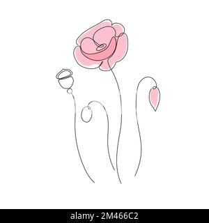 Einfache Mohnblumen-Kunst. Eine dekorative Mohnmohnzeichnung mit durchgehenden Strichzeichnungen. Editierbares Streichblütenelement. Darstellung isolierter Vektoren Stock Vektor