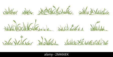 Zeichensatz Graskritzel. Handgezeichneter Grasfeldumriss mit Kritzelhintergrund. Sprossen, Blüten, Klee. Vektordarstellung. Stock Vektor