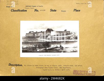Ft. Boisse am Snake River, auf dem Weg nach Oregon, 1849. Originaltitel: Ft. Boisse am Snake River, auf dem Weg nach Oregon, 1849. Außenansicht. Alte Abdrücke. Foto vom Signalkorps. Kriegsministerium. Kopiert von H. H. H. Ritter - April 1938. Bundesstaat: Oregon. Stockfoto