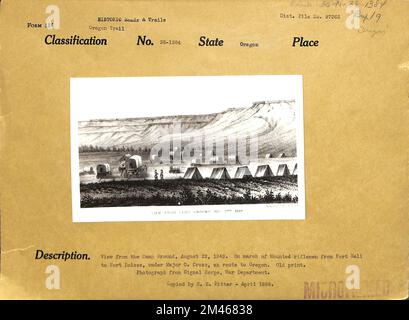 Blick vom Campingplatz, 22. August 1849. Originalunterschrift: Blick vom Camp Ground, 22. August 1849. Auf dem marsch von montierten Gewehrschützen von Fort Hall nach Fort Boisse, unter Major O. Cross, auf dem Weg nach Oregon. Alte Abdrücke. Foto von Signal Corps, Kriegsministerium. Kopiert von H. H. H. Ritter - April 1938. Bundesstaat: Oregon. Stockfoto