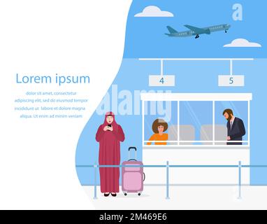 Vektorbildungs-Flughafen. Muslimische Frau mit Koffer, Handy, Passkontrolle, Check-in-Schalter, Passagier. Tourist. Sommerferien. Reise- und Stock Vektor