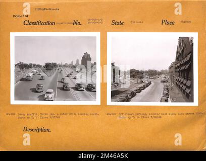 Starker Verkehr, North Avenue & Outer Drive nach Süden; Parkmöglichkeiten abseits der Straße, Blick nach Westen auf den 31. Street Boulevard. Originalunterschrift: 48-988 - Heavy Traffic, North Ave. Und Outer Drive nach Süden. Foto: T. W. Kines. 27. Juli 1948. Originalunterschrift: 48-989 - Parken abseits der Straße, Blick nach Westen entlang des 31. Street Blvd. Foto: T. W. Kines. 28. Juli 1948. Bundesstaat: Illinois. Ort: Chicago. Stockfoto