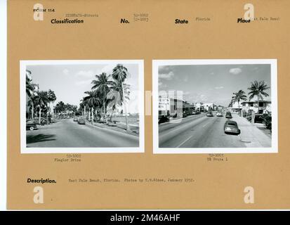 Straße in Florida. Originalunterschrift: West Palm Beach, Florida. Fotos von T. W. Kines, Januar 1952. Originalunterschrift: 52-1002: Flagler Drive. Originalunterschrift: 52-1003: US Route 1. Bundesstaat: Florida. Ort: West Palm Beach. Stockfoto