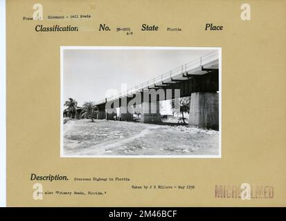 Brücke in Florida. Originalüberschrift: Overseas Highway in Florida. Aufgenommen von J. K. Hillers - Mai 1938. Siehe auch „Primärstraßen, Florida“. Bundesstaat: Florida. Stockfoto