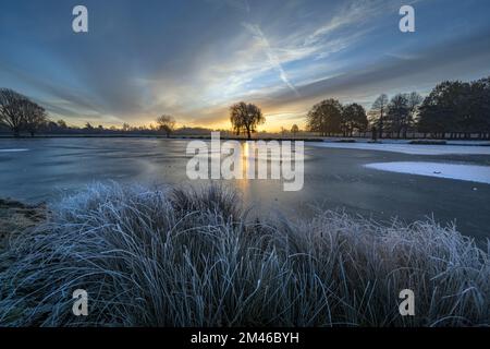 Aufgehende Sonne über dem blauen gefrorenen Eis in den Bushy Park Ponds in Surrey, England Stockfoto