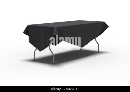 Schwarze, konische Tischdecke, die über einen zusammenklappbaren Stütztisch gewickelt ist. Perspektivische Ansicht, 3D-Darstellung rendern. Stockfoto