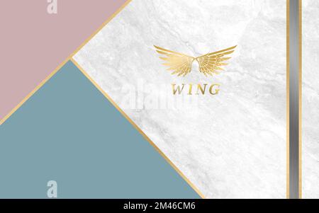 Moderne, minimalistische Wände mit geometrischen Marmorkunstwerken in Pink und Blau, abstrakte goldene Flügel. Stockfoto
