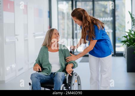 Junge Ärztin, die sich um ältere Frauen im Rollstuhl kümmert. Stockfoto