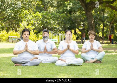 Eine Gruppe indischer Senioren, die Yoga machen und auf Gras sitzen. Reifer Mann und Frau, die weiße Tücher tragen und draußen zusammen Meditation üben. Stockfoto