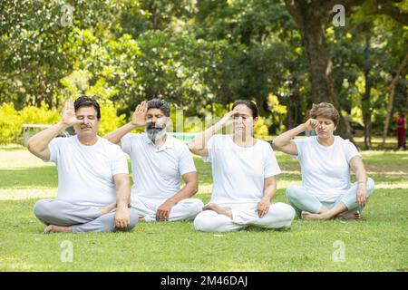 Eine Gruppe indischer Senioren, die im Park Pranayama-Atemtechniken praktizieren, reife Männer und Frauen, die weiße Tücher tragen und zusammen Yoga machen. Stockfoto