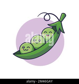 Erbsen-Kawaii-Figuren. Süße Kawaii-Erbsen-Kapsel-Zeichentrickfigur. Vegetarisches flaches Symbolkonzept auf weißem Hintergrund. Doodle Style pri Stock Vektor