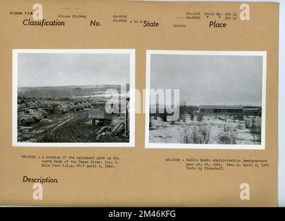 Abschnitt des Ausrüstungsgeländes am Nordufer des Peace River; Hauptquartier der öffentlichen Straßenverwaltung in der Nähe von Ft. St. John. Originalunterschrift: 43-3395 - Ein Abschnitt des Ausrüstungsgeländes am Nordufer des Peace River. Sek. F. Mile Post PRA 87-7 6. April 1943. Ursprünglicher Titel: 43-3396 - Hauptsitz der Straßenverwaltung bei Ft. St. John. Sek. E. 6. April 1943 Foto von Pinkstaff. Staat: Alaska. Stockfoto