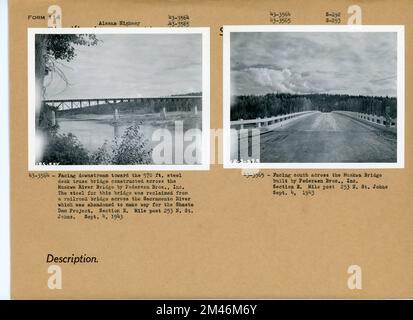 Der Alaska Highway. Originalunterschrift: 43-3564: Stromabwärts in Richtung der 970 Fuß Stahltrapezbrücke über der Muskwa River Bridge, gebaut von Pedersen Bros., Inc Der Stahl für diese Brücke wurde von einer Eisenbahnbrücke über den Sacramento-Fluss zurückgewonnen, der verlassen wurde, um Platz für das Shasta-Staudamm-Projekt zu machen. Abschnitt E. Mile Post 253 N. St. Freier. 4. September 1943. Originalunterschrift: 43-3565: Nach Süden über die Muskwa-Brücke, erbaut von Pedersen Bros., Ind Abschnitt E. Mile Post 253 N. St. Johns 4. September 1943. Staat: Alaska. Stockfoto