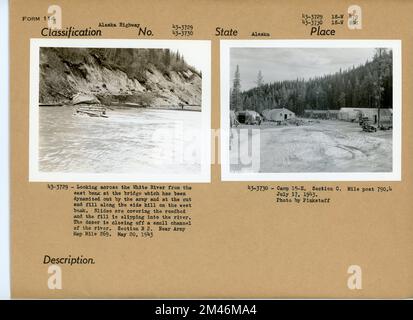 Der Alaska Highway. Originaltitel: 43-3729: Blick über den White River vom Ostufer auf die Brücke, die von der Armee mit Sprengstoff versorgt wurde, und auf den Schnitt und die Füllung entlang des Seitenhügels am Westufer. Rutschen bedecken das Straßenbett und die Füllung rutscht in den Fluss. Der Dozer sperrt einen kleinen Kanal des Flusses. Abschnitt B 2. In Der Nähe Von Army Map Mile 269. 20. Mai 1943. Originalunterschrift: 43-3730: Camp 15-E. Abschnitt C. Mile ab 790,4. Juli 17, 1943. Foto von Pinkstaff. Staat: Alaska. Stockfoto