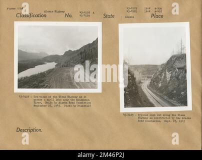 Glenn Highway in der Nähe des Matanuska River; typischer Felsen entlang des Glenn Highway. Originalunterschrift: 43-4128: Blick auf den Glenn Highway, der an einem kleinen See in der Nähe des Matanuska River vorbeiführt. Erbaut von der Alaska Road Commission. Foto von Pinkstaff. Originalüberschrift: 43-4129: Typischer Felsen entlang des Glenn Highway, wie von der Alaska Road Commission erbaut. Staat: Alaska. Stockfoto