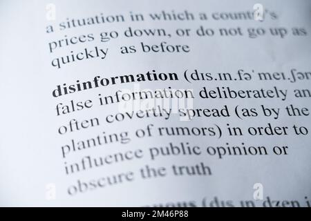Ein Modell einer Wörterbuchseite mit dem Wort Desinformation mit selektiver Fokussierung Stockfoto