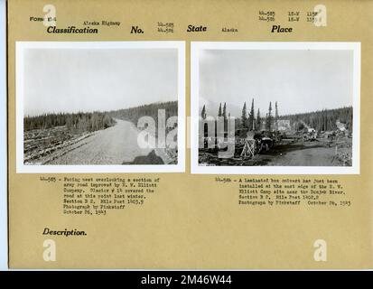 Verbesserte Army Road; E.W. Elliott Camp In Der Nähe Des Donjek River. Originalüberschrift: 44-585: Nach Westen mit Blick auf einen Abschnitt der Armeestraße, der von E.W. verbessert wurde Elliott Company. Gletscher Nr. 14 hat die Straße letzten Winter an dieser Stelle befahren. Abschnitt B 2. Meilenposten 1403,9. Originalüberschrift: 44-586: Ein laminierter Kastendurchlass wurde soeben am östlichen Rand des E.W. installiert Elliott Camp in der Nähe des Donjek River. Abschnitt B 2. Meilenposten 1402,2. Fotos von Pinkstaff, 26. Oktober 1943. Staat: Alaska. Stockfoto