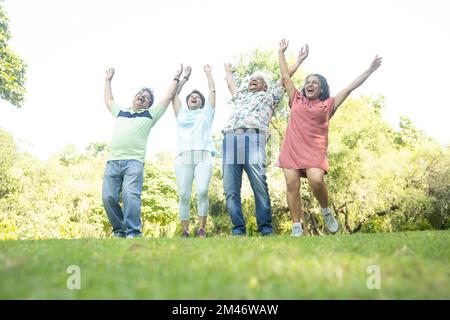 Eine Gruppe glücklicher indischer Seniorenmänner und -Frauen, die im Sommerpark zusammen lachen. Ruhestandsleben, Rentner genießen Garten. Ich amüsiere mich. Stockfoto