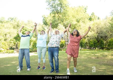 Eine Gruppe glücklicher indischer Seniorenmänner und -Frauen, die im Sommerpark zusammen lachen. Ruhestandsleben, Rentner genießen Garten. Ich amüsiere mich. Stockfoto