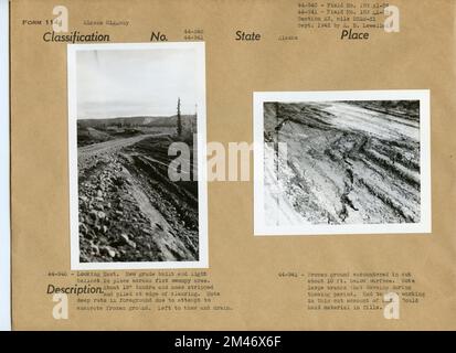 Neu gestufte Straße; Risse in gefrorenem Boden. Originalunterschrift: 44-940: Nach Osten schauen. Neu gebaut und leichter Ballast in flachem Sumpfgebiet. Ca. 18 Fuß Tundra und Moos am Rand der Lichtung entfernt und gestapelt. Achten Sie auf tiefe Spurrillen im Untergrund aufgrund des Versuchs, gefrorenen Boden auszuheben. Zum Auftauen und Entleeren. Originalüberschrift: 44-941: Gefrorener Boden im Schnitt von ca. 10 ft. Unter Oberfläche. Beachten Sie große Risse, die sich während des Auftauens entwickeln. Ich musste aufhören, in diesem Schlammloch zu arbeiten. Könnte Material in Füllungen halten. Fotos von A.B. Lewellen, September 1942. Staat: Alaska. Stockfoto