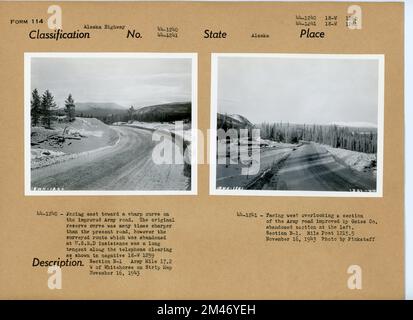 Richtung Osten in Richtung einer scharfen Kurve auf der verbesserten Army Road; Richtung Westen mit Blick auf einen Abschnitt der Army Road. Originalunterschrift: 44-1240 - Richtung Osten auf eine scharfe Kurve auf der verbesserten Army Road. Die ursprüngliche Reservekurve war um ein Vielfaches schärfer als die gegenwärtige Straße, aber die befragte Route, die bei Unfähigkeit der U.S.E.D. aufgegeben wurde, war eine lange Tangente entlang der Telefonreinigung, wie in Negative 18-W 1259 Section B-1 Army Mile 17,2 W von Whitehorse auf der Strip Map am 16. November 1943 gezeigt. Originalunterschrift: 44-1241 - Richtung Westen mit Blick auf einen Abschnitt der Army Road, der von Gates Co. aba verbessert wurde Stockfoto