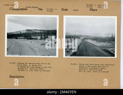 Richtung Westen mit Blick auf die verbesserte Army Road am Jussel Camp; Richtung Westen mit Blick auf die Straße, die über einen kleinen Sumpf östlich von Whitehorse errichtet wurde. Originalunterschrift: 44-1252-A - Darstellung der verbesserten Armeestraße im Jussel Camp. Richtung Westen. Abschnitt B1 Meile Post 1237,8. 16. November 1943 Foto von Pinkstaff. Originalunterschrift: 44-1253 - Richtung Westen mit Blick auf die Straße, die durch einen kleinen Sumpf östlich von Whitehorse von der Ramstead Company errichtet wurde. Abschnitt C. Mile Post 1192. November 21, 1943 Foto von Pinkstaff. Staat: Alaska. Stockfoto