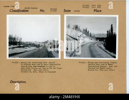 Richtung Westen mit Blick auf die Abkürzung der ursprünglichen Army Road; Richtung Osten mit Blick auf eine leicht verbesserte Army Road. Originalunterschrift: 44-1236 - Richtung Westen mit Blick auf die Abkürzung in der ursprünglichen Army Road von Gates Construction Company. Die Armeestraße ging an dieser Stelle nach links und führte am Abhang auf eine neue Straße. Sektion B-1 Meile nach 1206,1. November 16, 1943. Foto von Pinkstaff. Originalüberschrift: 44-1237 - Richtung Osten mit Blick auf die leicht verbesserte Army Road von Gates Construction Company. Die Army Road folgte der alten Dawson Spur. Abschnitt B-1 Meile nach 1208,5. Staat: Alaska. Stockfoto