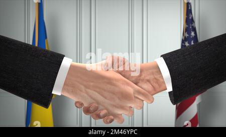 Partnerschaft zwischen der Ukraine und den USA. Flaggen Der Nationalen Regierung. Offizielle Diplomatie Handshake 3D Illustration. Geschäftsmann Für Absprachen. Stockfoto