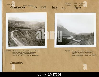 Der Glenn Highway. Originaltitel: 45-4126: Ein tuypischer Abschnitt des bergigen westlichen Endes des Glenn Highway. Erbaut von der Alaska Road Commission. 27. Oktober 1943. Originalüberschrift: 45-4127: Ein typischer Abschnitt des Glenn Highway entlang des Matanuska River. Gebaut von der Alaska Road Commission. 27. September 1943. Fotos von Pinkstaff. Staat: Alaska. Stockfoto