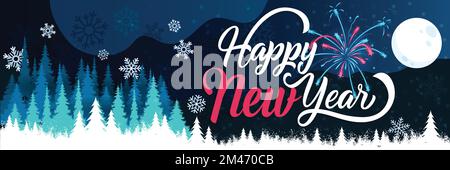 Frohes Neujahrsbanner mit Winterlandschaft. Die Grußkarte „Happy Silvester“ enthält Schneeflocken, Feuerwerk, Weihnachtsbäume und Mond. Stock Vektor
