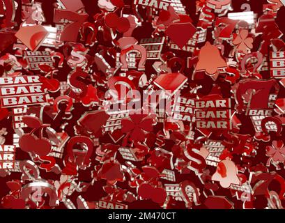 Eine Auswahl an roten und silbernen Casino-Slot-Bars, sieben, Kirsch- und Hufeisensymbolen, die in der Luft auf dunklem Hintergrund schweben - 3D-Rendering Stockfoto