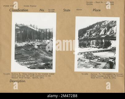 Kranarbeiten Auf Dem Behandelten Holzlagerplatz; Untermontage Von Behandelten Holzbindern. Originalüberschrift: 43-1940: Sektion E. Crane arbeitet im behandelten Holzlagerhof in der Nähe des nördlichen Anflugs zur Sikanni Chief Bridge. Originalüberschrift: 43-1941: Abschnitt E. Montage von behandelten Holzbindern auf dem Eis des Sikanni Chief River. Staat: Alaska. Stockfoto